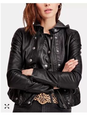 Free People Dawn Black Faux-Leather Hooded Moto Jacket